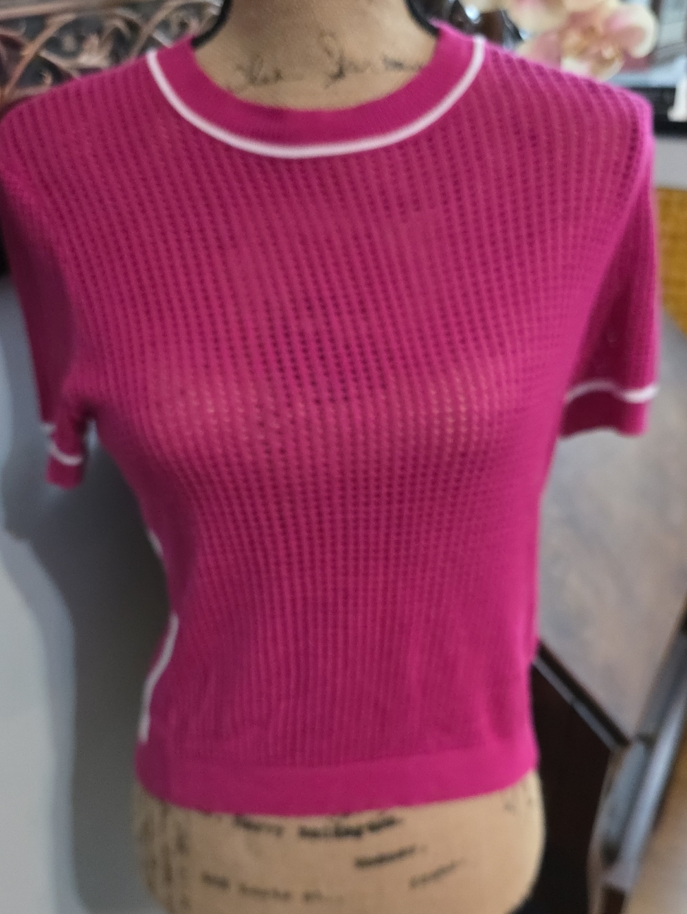 Anthropologie Fuchsia Short Sleeve Knit Top with White Trim